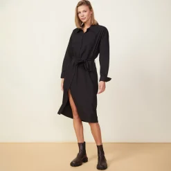 Poplin|Dresses*MONROW Asymmetrical Poplin Tie Shirt Dress BLACK