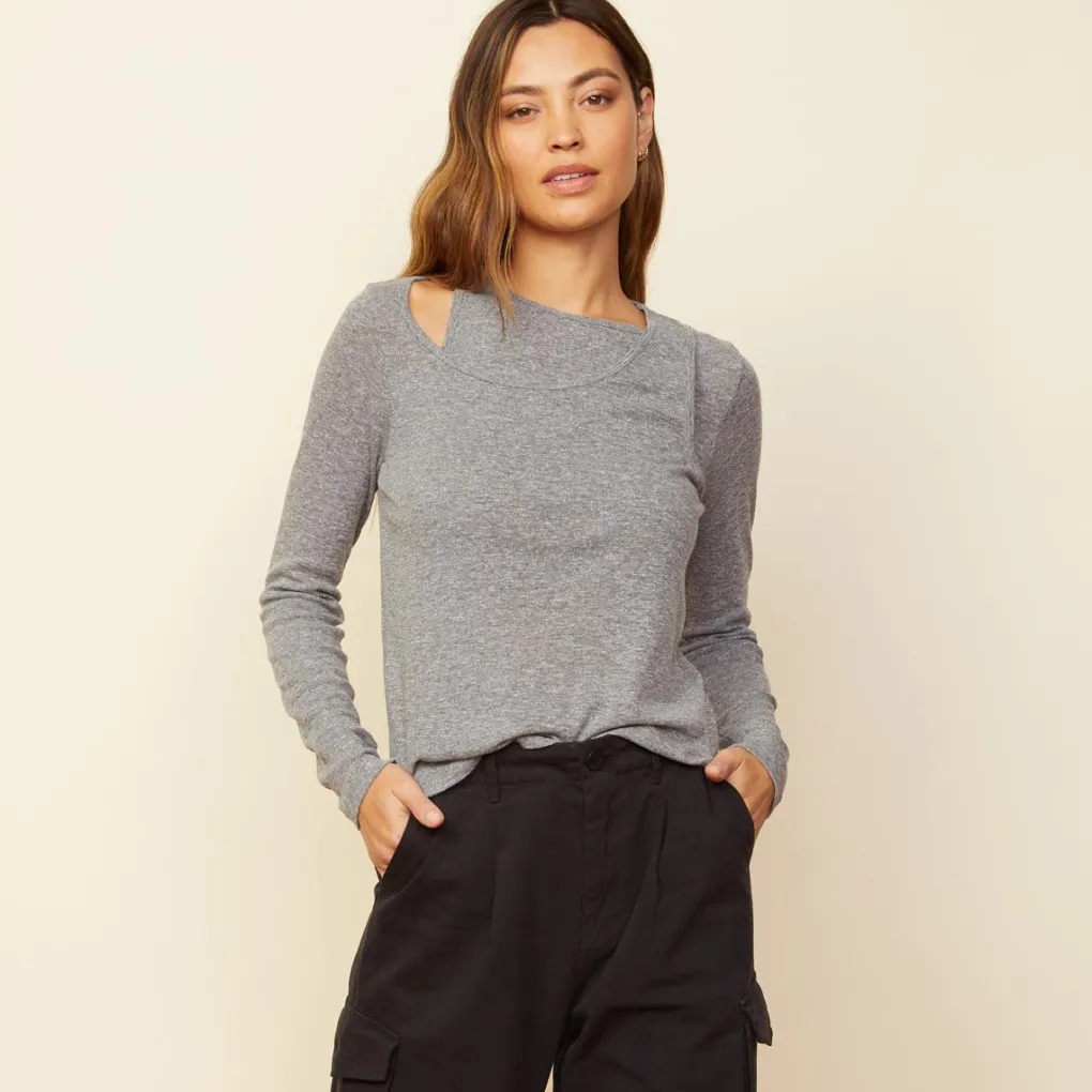 Long Sleeve*MONROW Asymmetric Long Sleeve Top GRANITE