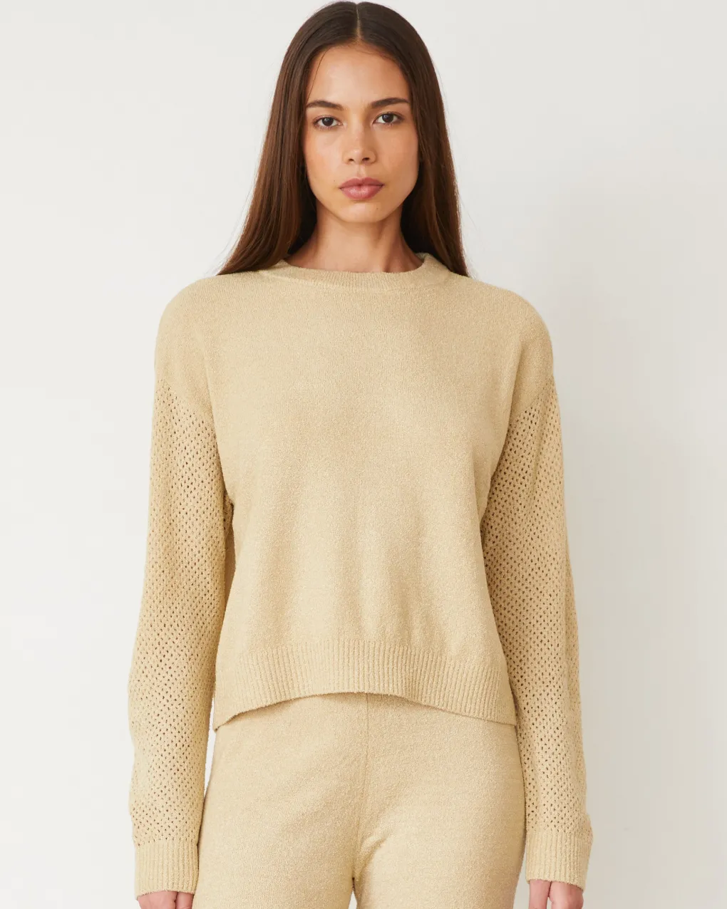 Sets|Long Sleeve*MONROW Boucle Knit Mesh Mixed Sweater SAND