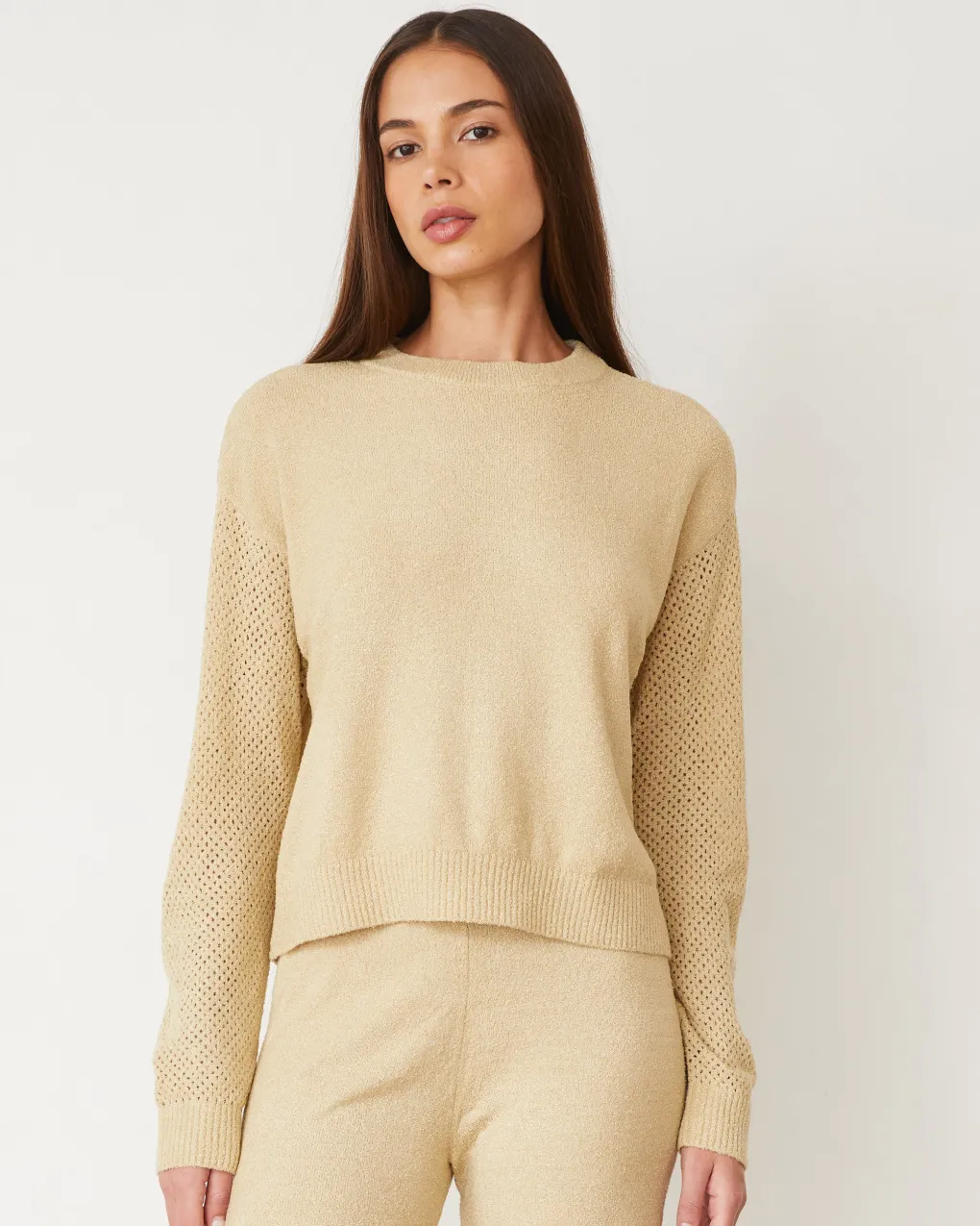 Sets|Long Sleeve*MONROW Boucle Knit Mesh Mixed Sweater SAND