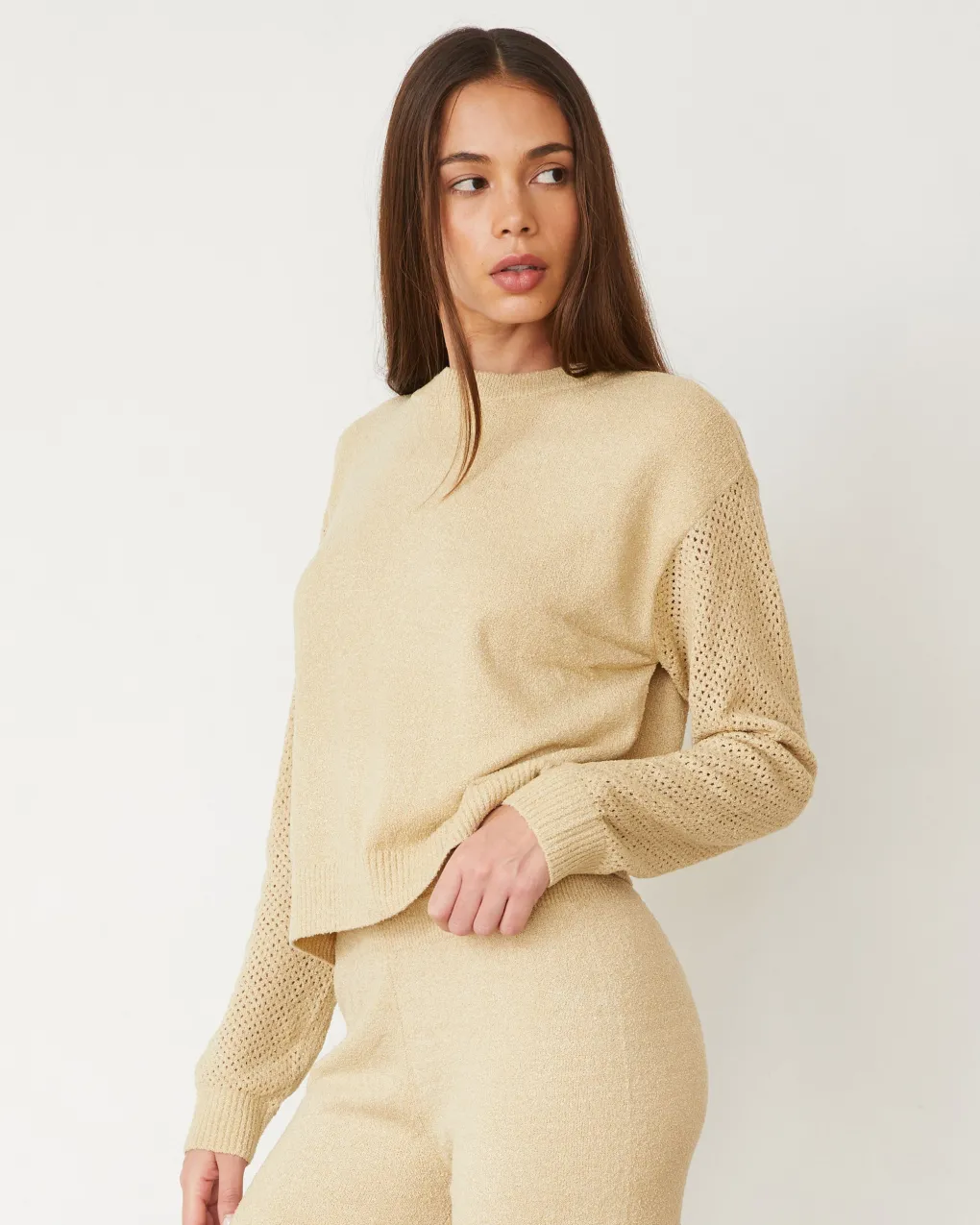 Sets|Long Sleeve*MONROW Boucle Knit Mesh Mixed Sweater SAND