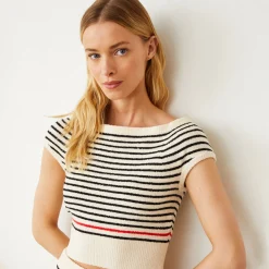 Tees*MONROW Boucle Knit Off Shoulder Top CREAM/BLACK