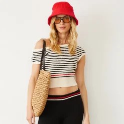 Tees*MONROW Boucle Knit Off Shoulder Top CREAM/BLACK