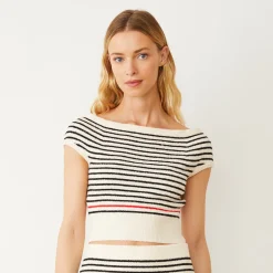 Tees*MONROW Boucle Knit Off Shoulder Top CREAM/BLACK