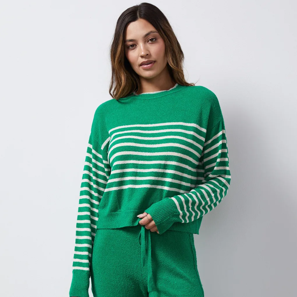 Sweaters*MONROW Boucle Knit Stripe Sweater PARSLEY/CREAM