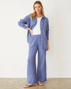 Pants*MONROW Cotton Gauze Wide Leg Pant MEDIUMBLUE
