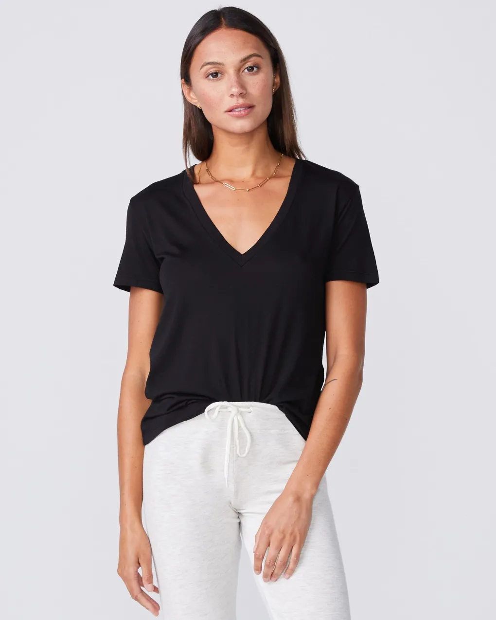 Tees*MONROW Cotton Modal Relaxed V Neck Tee - Color BLACK