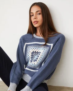 Sweaters*MONROW Crochet Pullover Sweater WASHEDBLUE