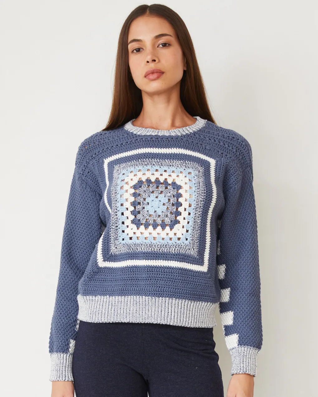 Sweaters*MONROW Crochet Pullover Sweater WASHEDBLUE