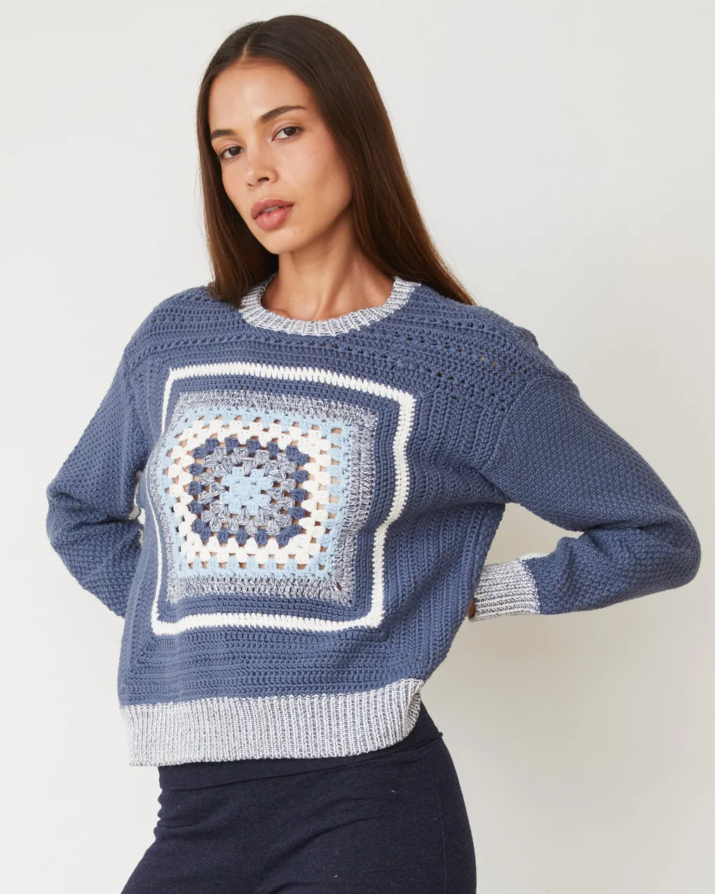 Sweaters*MONROW Crochet Pullover Sweater WASHEDBLUE