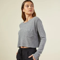 Tees*MONROW Cropped Long Sleeve Ex-Boyfriend Pocket Crew GRANITE