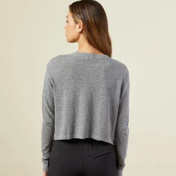 Tees*MONROW Cropped Long Sleeve Ex-Boyfriend Pocket Crew GRANITE