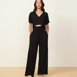 Pants*MONROW Gauze Smocked Flare Pant BLACK