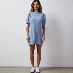 Terry|Dresses*MONROW Indigo French Terry Seamed Dress LIGHTWASH