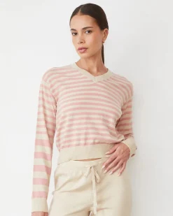 Soft Knit|Travel Essentials*MONROW Lightknit Stripe V Neck SAND/CHALKPINK