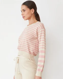Soft Knit|Travel Essentials*MONROW Lightknit Stripe V Neck SAND/CHALKPINK