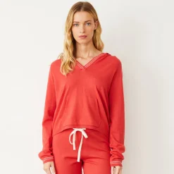 Soft Knit|Hoodies*MONROW Light Soft Knit Contrast Stitch Hoody CHERRY