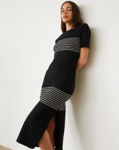 Soft Knit|Dresses*MONROW Light Soft Knit Stripe Dress BLACK