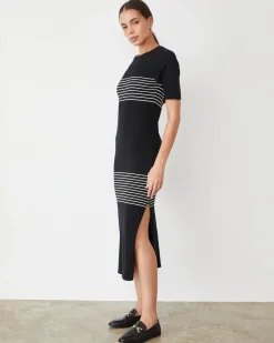 Soft Knit|Dresses*MONROW Light Soft Knit Stripe Dress BLACK