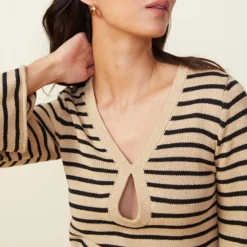 Long Sleeve|Sweaters*MONROW Linen Sweater Long Sleeve Top ECRU/BLKSTRIPE