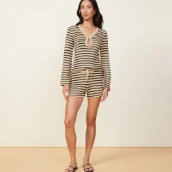 Long Sleeve|Sweaters*MONROW Linen Sweater Long Sleeve Top ECRU/BLKSTRIPE