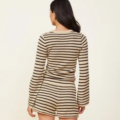 Long Sleeve|Sweaters*MONROW Linen Sweater Long Sleeve Top ECRU/BLKSTRIPE