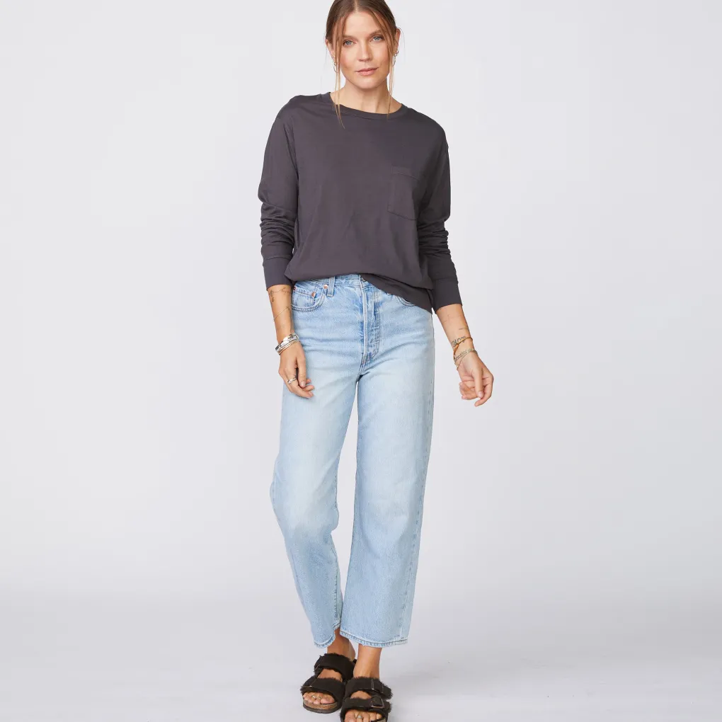 Long Sleeve*MONROW Long Sleeve Ex-Boyfriend Pocket Crew FADEDBLACK