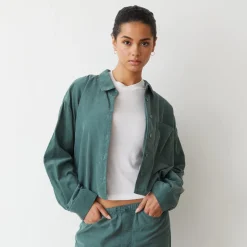 Long Sleeve*MONROW Mini Corduroy Cropped Shirt CACTUS