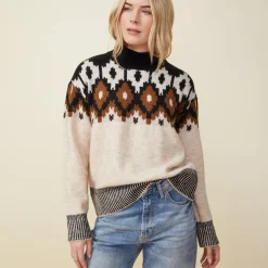 Sweaters*MONROW Mock Neck Fair Isle Sweater OFFWHITE