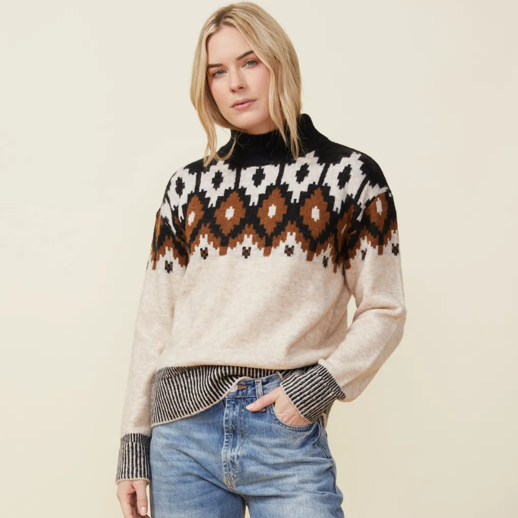 Sweaters*MONROW Mock Neck Fair Isle Sweater OFFWHITE
