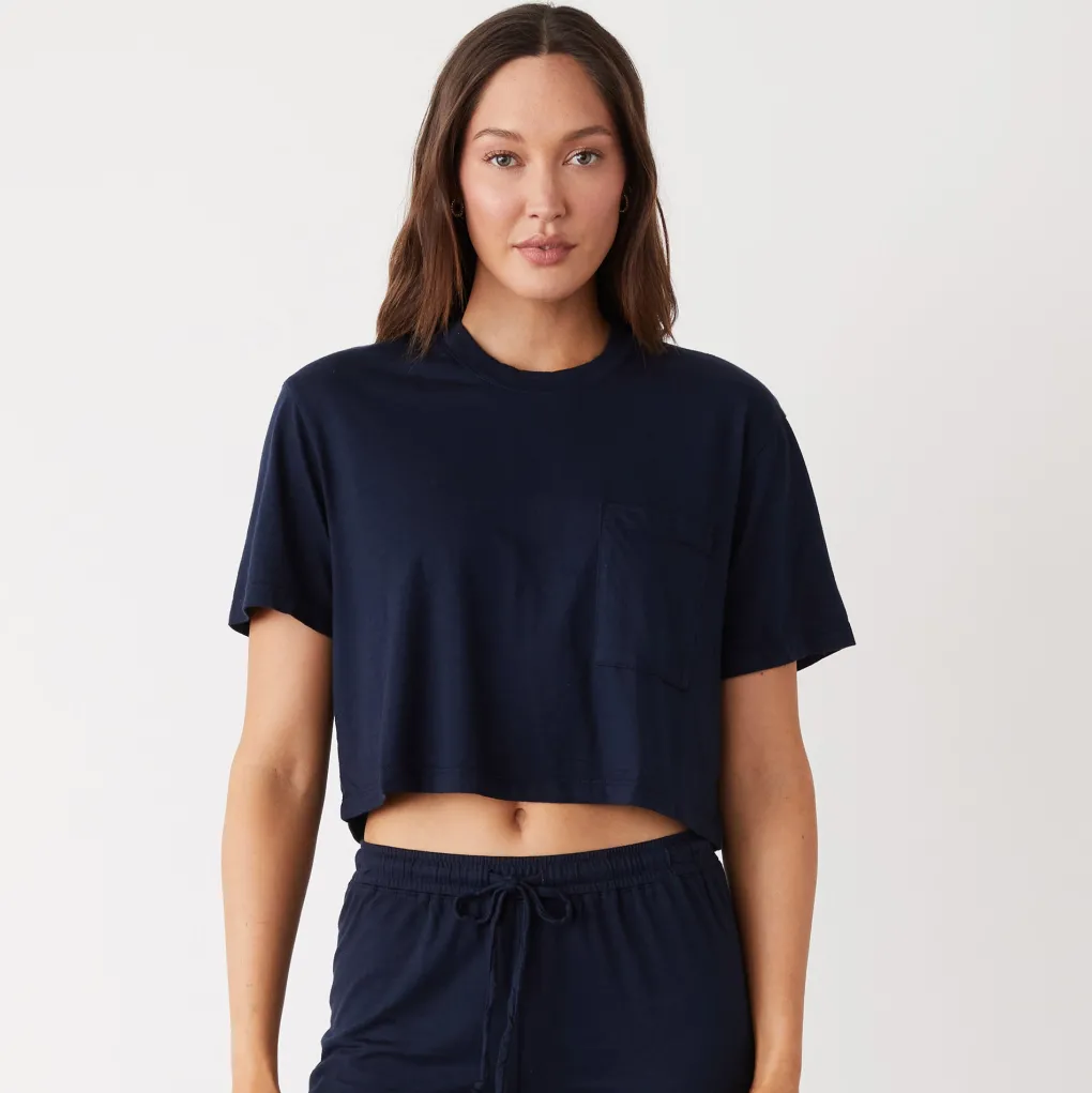 Tees*MONROW Organic Jersey Crop Pocket Tee DARKNAVY