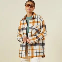 Jackets*MONROW Plaid Shacket BLACK/NAT/CAMEL