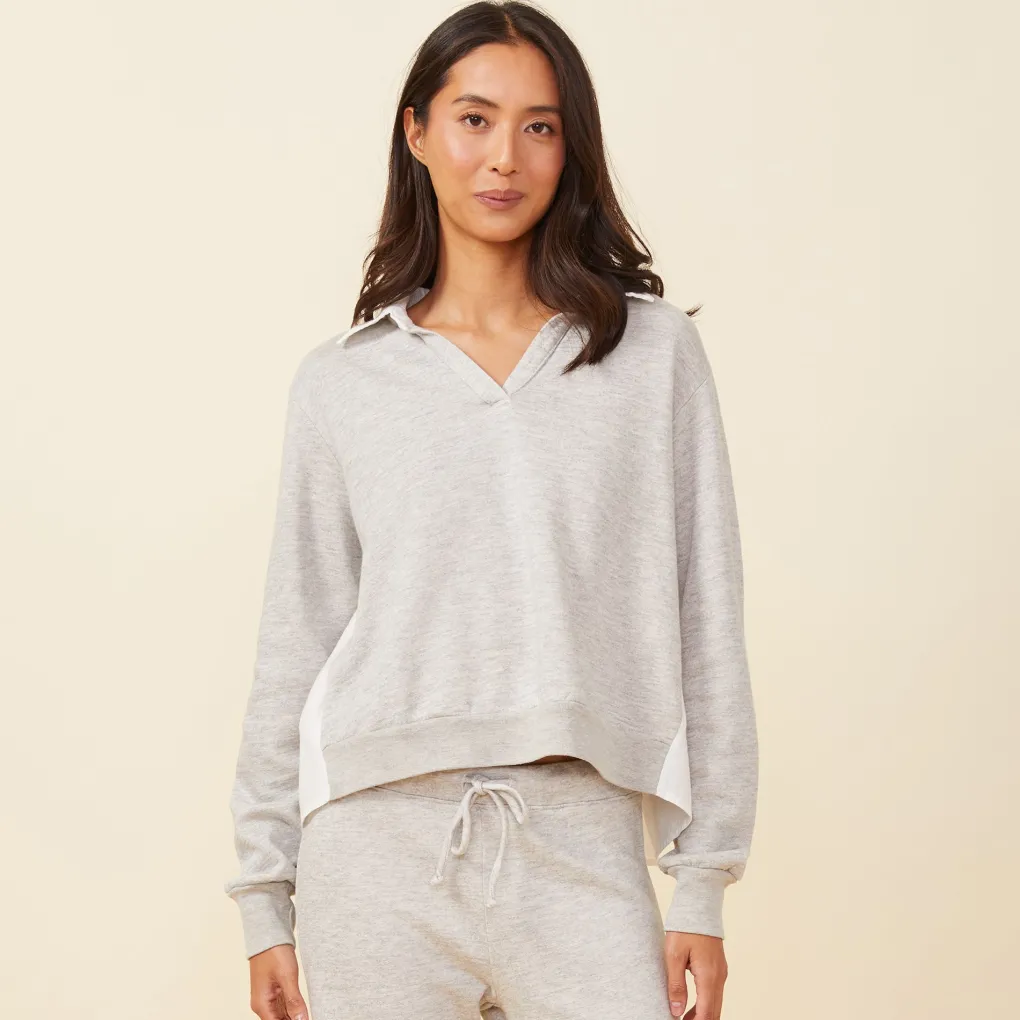 Long Sleeve*MONROW Poplin Mix Collar Sweatshirt HEATHERGREY