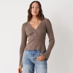 Sweaters|Long Sleeve*MONROW Rib Henley Sweater COCOA
