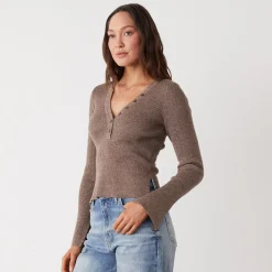 Sweaters|Long Sleeve*MONROW Rib Henley Sweater COCOA