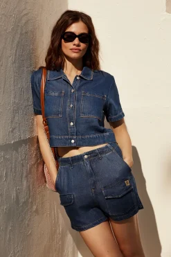 Shorts*MONROW Soft Denim Cargo Short MEDIUMWASH