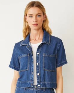 Jackets*MONROW Soft Denim Short Sleeve Shirt MEDIUMWASH