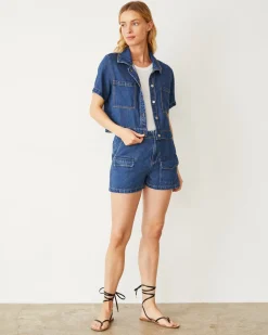 Jackets*MONROW Soft Denim Short Sleeve Shirt MEDIUMWASH