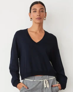 Softfleece|Sweatshirts*MONROW Softfleece Crop V Neck Sweatshirt DARKNAVY