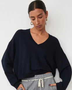 Softfleece|Sweatshirts*MONROW Softfleece Crop V Neck Sweatshirt DARKNAVY