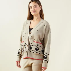 Soft Knit*MONROW Soft Knit Heart Fair Isle Cardigan OATMEAL
