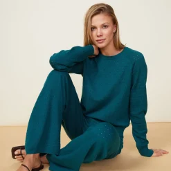 Soft Knit*MONROW Soft Knit Pointelle Raglan Sweater TEAL