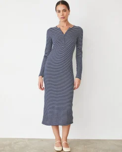 Travel Essentials|Dresses*MONROW Stripe Henley Dress NAVY/IVORY