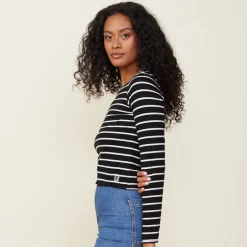 Long Sleeve*MONROW Stripe Long Sleeve Crew BLACK/NATURAL