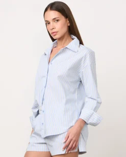 Poplin|Long Sleeve*MONROW Stripe Poplin Oversized Shirt BLUE/YELLOWSTRIPES