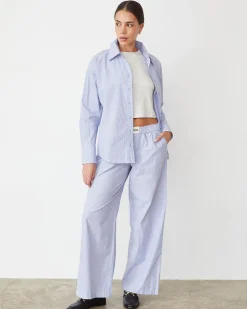 Poplin|Sets*MONROW Stripe Poplin Oversized Shirt BLUEMAROONSTRIPE