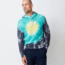 Men's Tops|Mens Sale*MONROW Sunburst Tie Dye Pullover Hoody YELLOW/TEAL/FADEDBLACK