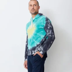 Men's Tops|Mens Sale*MONROW Sunburst Tie Dye Pullover Hoody YELLOW/TEAL/FADEDBLACK