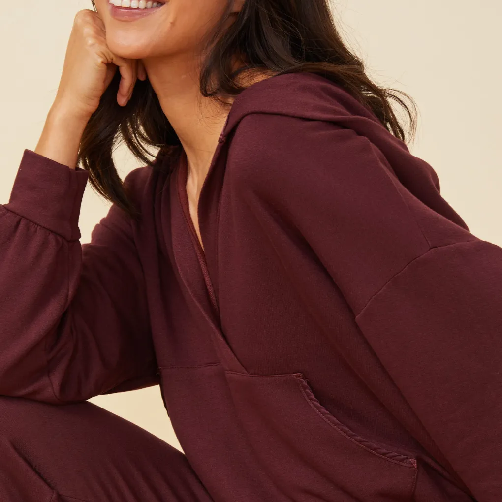 Hoodies*MONROW Supersoft Fleece V Hoody with Silky Piping MERLOT