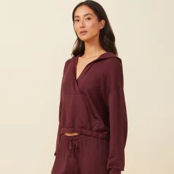 Hoodies*MONROW Supersoft Fleece V Hoody with Silky Piping MERLOT